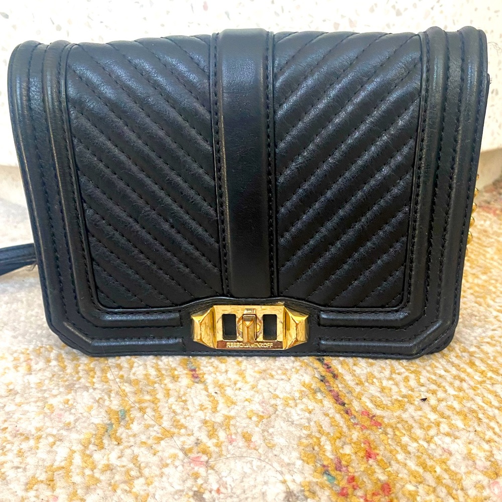 Rebecca Minkoff Chevron Quilted Small Black Crossbody with Gold Chain